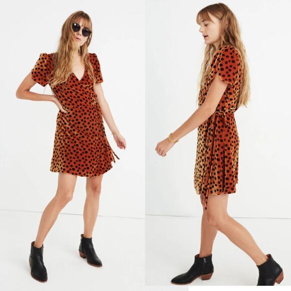 Madewell Velvet Wrap Dress in Leopard Dot Burnt Sienna Tie Waist Size Medium - Picture 1 of 8
